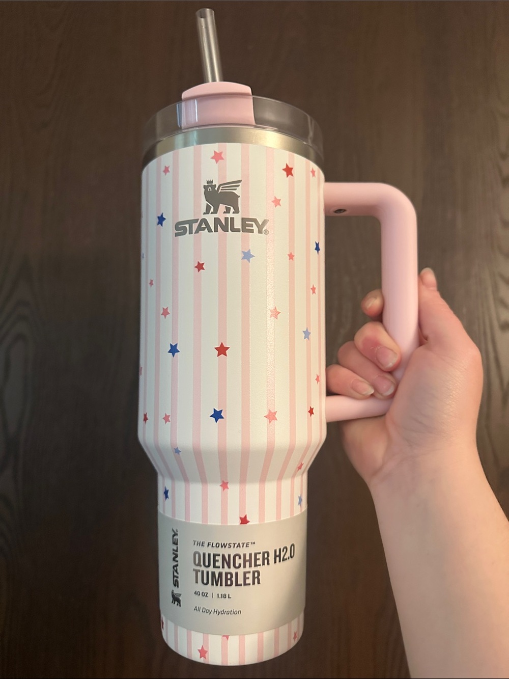 Stanley Pink Striped Tumbler with Red and Blue Stars
